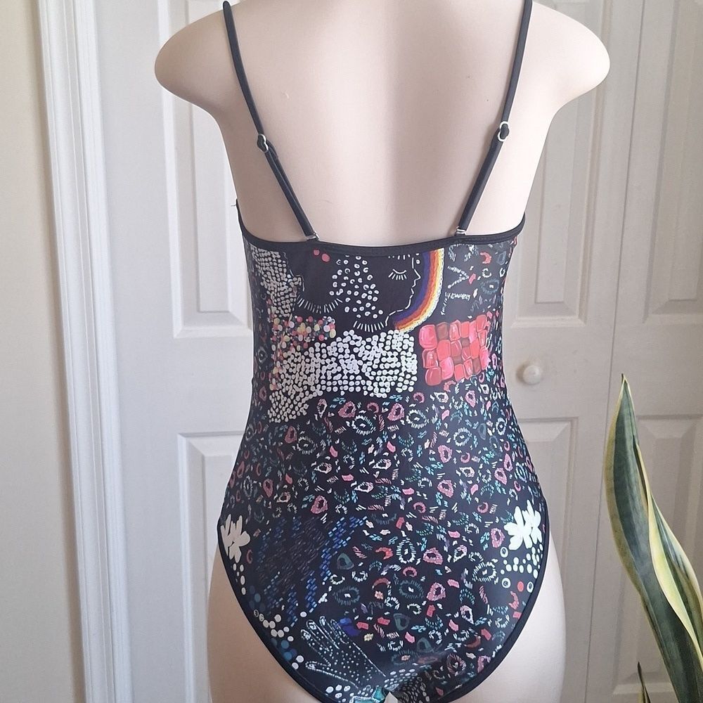 Vibrant Tropical Bustier One-Piece Swimsuit Rainbow Graphic & Black Piping Sz M - Picture 3 of 7